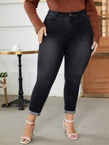 SHEIN Frenchy 大碼卷邊緊身牛仔褲 - 黑色 - 查看 6