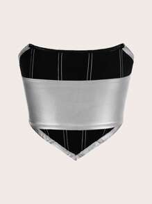 SHEIN X Doris Jocelyn SHEIN ICON 纯色PU皮革手帕边银色抹胸 - 銀色 - 查看 8