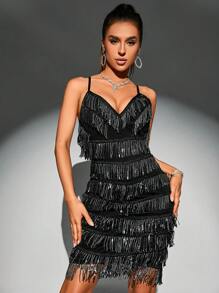 Zolique 流蘇邊吊帶緊身連衣裙 - 黑色 - 查看 1