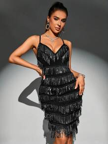 Zolique 流蘇邊吊帶緊身連衣裙 - 黑色 - 查看 3