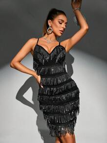 Zolique 流蘇邊吊帶緊身連衣裙 - 黑色 - 查看 6