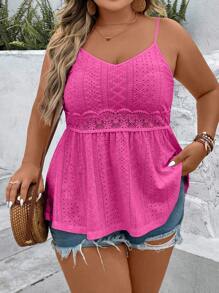 Breezaya 大碼網眼刺繡荷葉擺吊帶上衣 - 玫紅色 - 查看 4