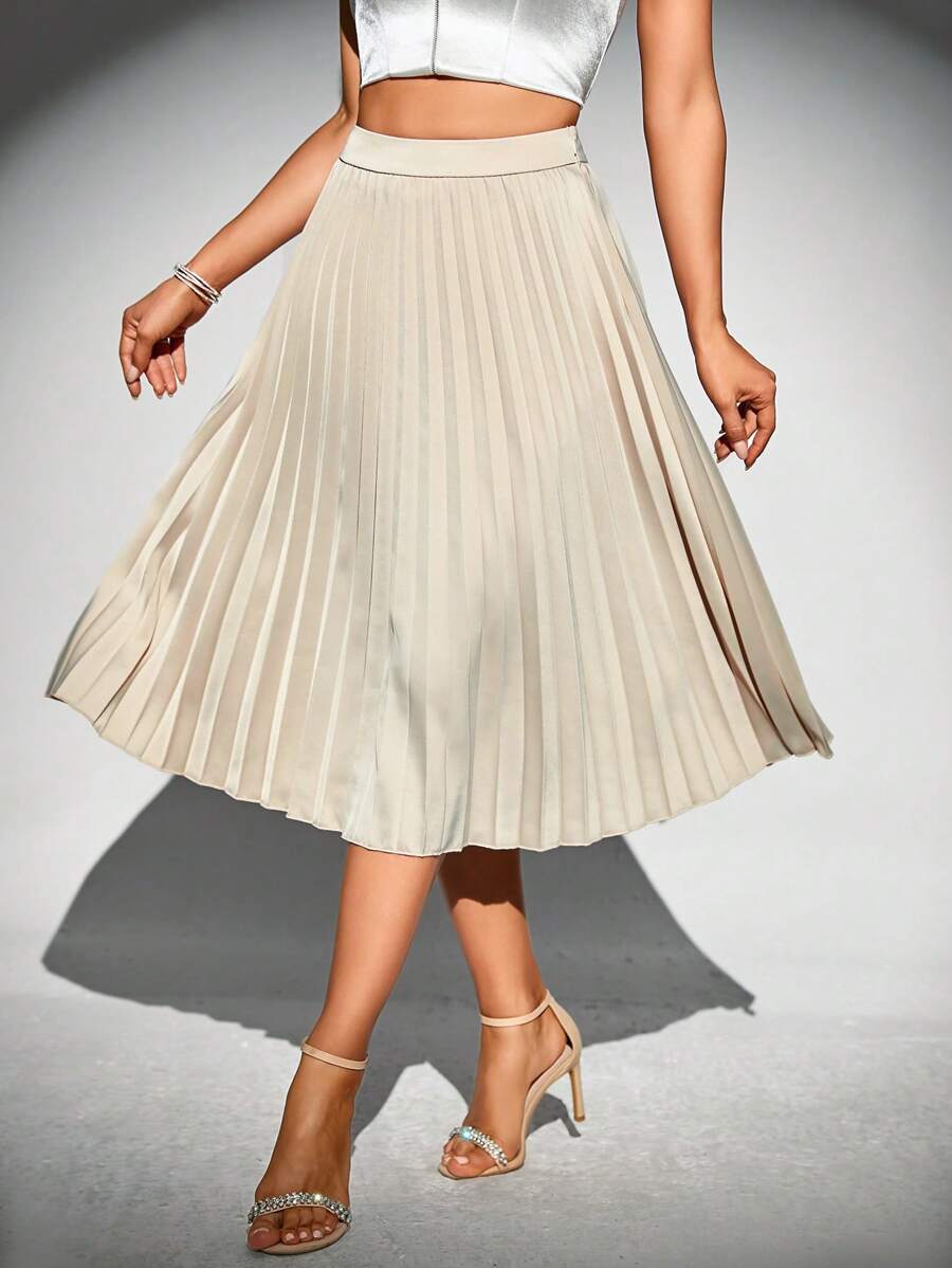 SHEIN Privé Solid Pleated Skirt - Apricot - View 1