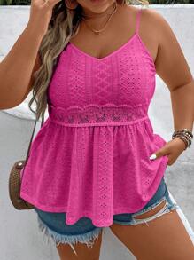 Breezaya 大碼網眼刺繡荷葉擺吊帶上衣 - 玫紅色 - 查看 6