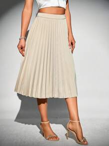SHEIN Privé Solid Pleated Skirt - Apricot - View 3