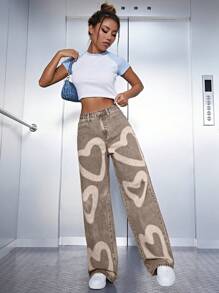 Heart Print Wide Leg Jeans - Rust Brown - View 1