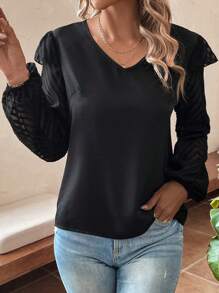 SHEIN Clasi Contrast Mesh Ruffle Trim Lantern Sleeve Blouse - Black - View 1