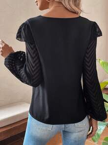 SHEIN Clasi Contrast Mesh Ruffle Trim Lantern Sleeve Blouse - Black - View 2