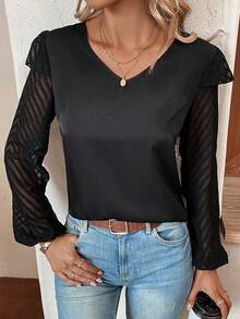 SHEIN Clasi Contrast Mesh Ruffle Trim Lantern Sleeve Blouse - Black - View 6