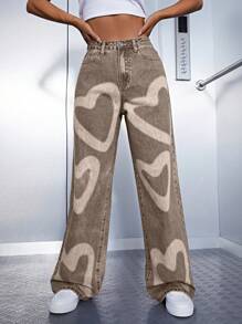 Heart Print Wide Leg Jeans - Rust Brown - View 4