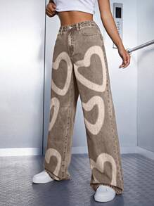 Heart Print Wide Leg Jeans - Rust Brown - View 5