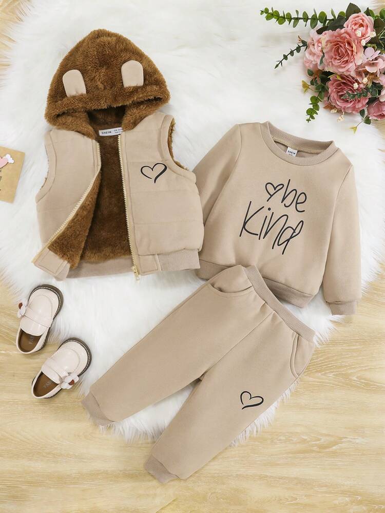 Baby Girl Slogan Graphic Hoodie & Sweatpants & Thermal Lined Vest Jacket