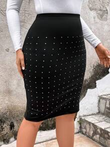 SHEIN Clasi Plus Rhinestone Detail Pencil Skirt - Black - View 1