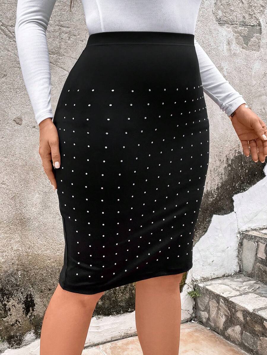 SHEIN Clasi Plus Rhinestone Detail Pencil Skirt - Black - View 1