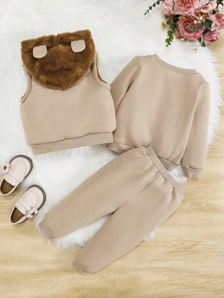 Baby Girl Slogan Graphic Hoodie & Sweatpants & Thermal Lined Vest Jacket