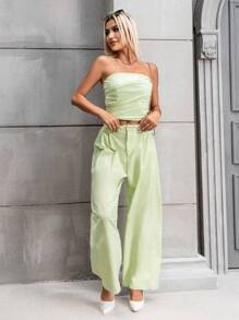 SHEIN Essnce Ruched Tube Top & Wide Leg Trousers - Mint Green - View 3