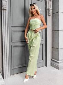 SHEIN Essnce Ruched Tube Top & Wide Leg Trousers - Mint Green - View 5