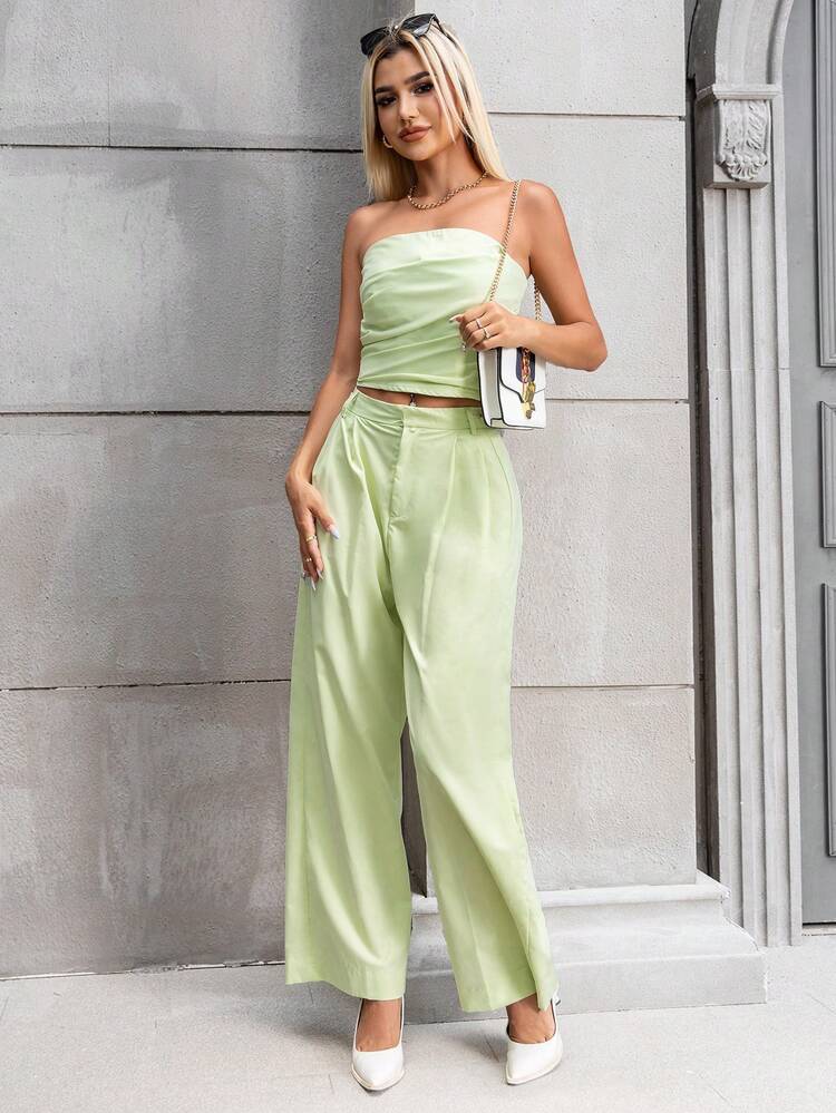 SHEIN Essnce Ruched Tube Top & Wide Leg Trousers - Mint Green - View 6