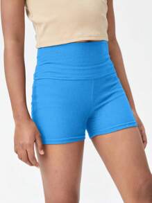 SHEIN Tween Girl Solid Tummy Control Rib-knit Biker Shorts - Royal Blue - View 1