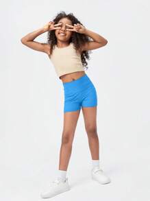 SHEIN Tween Girl Solid Tummy Control Rib-knit Biker Shorts - Royal Blue - View 3
