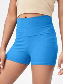 SHEIN Tween Girl Solid Tummy Control Rib-knit Biker Shorts - Royal Blue - View 4