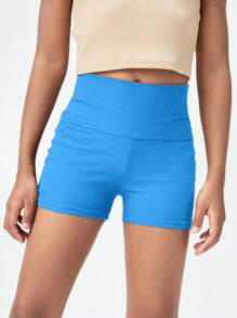 SHEIN Tween Girl Solid Tummy Control Rib-knit Biker Shorts - Royal Blue - View 5