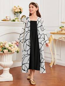 SHEIN Tween Girl Allover Print Open Front Coat & Cami Dress - Black and White - View 2