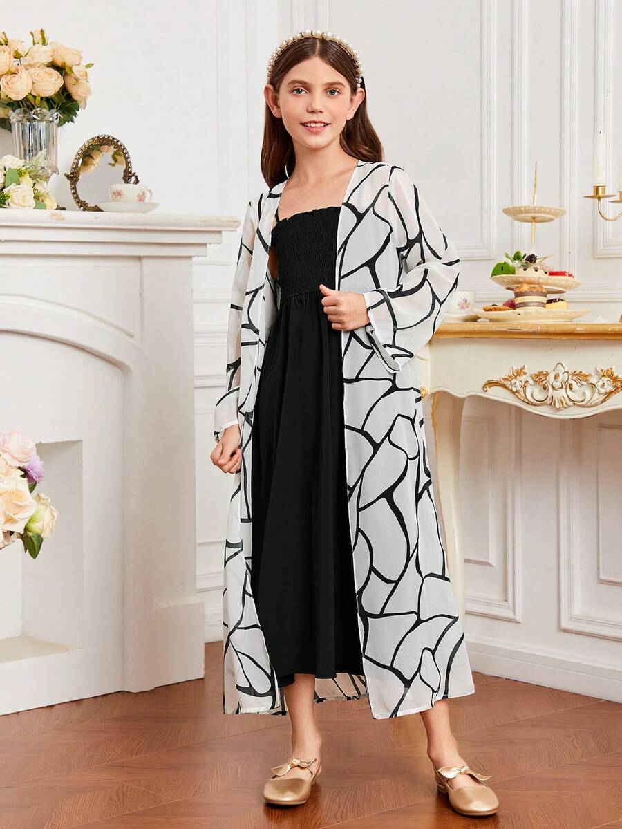 SHEIN Tween Girl Allover Print Open Front Coat & Cami Dress - Black and White - View 1