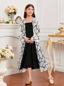 SHEIN Tween Girl Allover Print Open Front Coat & Cami Dress - Black and White - View 6