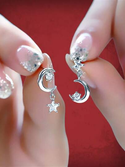 Grunge Punk 1pair Fashion Iron Alloy Rhinestone Decor Moon & Star Drop Earrings For Women For Dating Gift