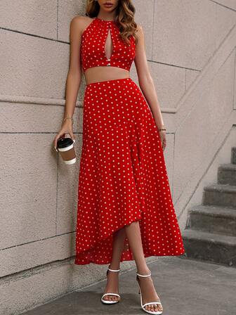 SHEIN Privé 波點圖案掛脖上衣&高衩半身裙