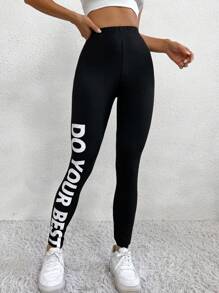 Flirla Slogan Graphic Leggings Fall Cloth For Women - Black - View 1