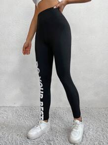 Flirla Slogan Graphic Leggings Fall Cloth For Women - Black - View 6