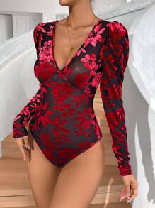 SHEIN Privé Body con estampado floral de manga gigot de cuello profundo de malla