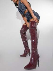 SHUZIA Faux Patent Leather Over-the-Knee Boots - Maroon - View 3