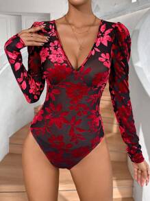 SHEIN Privé Body con estampado floral de manga gigot de cuello profundo de malla