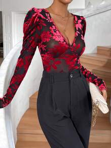 SHEIN Privé Body con estampado floral de manga gigot de cuello profundo de malla