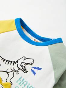 Cozy Pixies Baby Jungen T-Shirt mit Farbblock, Buchstabe & Dinosaurier Muster, Kontrast Raglanärmeln, - Weiss - Übersicht 5