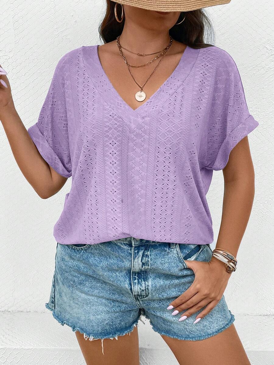 SHEIN LUNE Plus Size Women's V-Neck Knitted Casual Batwing Sleeve T-Shirt - Purple - View 1