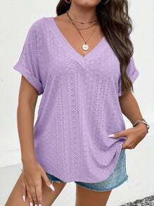 SHEIN LUNE Plus Size Women's V-Neck Knitted Casual Batwing Sleeve T-Shirt - Purple - View 4