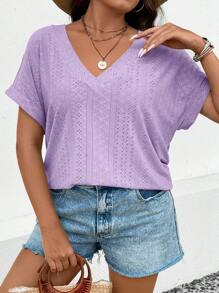 SHEIN LUNE Plus Size Women's V-Neck Knitted Casual Batwing Sleeve T-Shirt - Purple - View 5