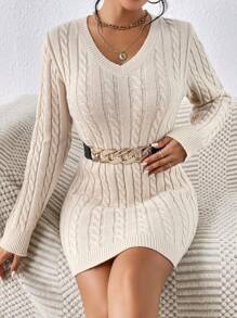 SHEIN Frenchy Cable Knit Sweater Dress Without Belt Winter Casual - Apricot - View 3