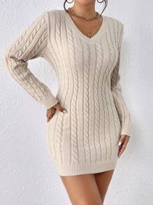 SHEIN Frenchy Cable Knit Sweater Dress Without Belt Winter Casual - Apricot - View 4