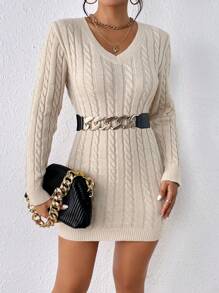 SHEIN Frenchy Cable Knit Sweater Dress Without Belt Winter Casual - Apricot - View 1