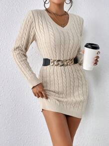SHEIN Frenchy Cable Knit Sweater Dress Without Belt Winter Casual - Apricot - View 5