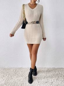 SHEIN Frenchy Cable Knit Sweater Dress Without Belt Winter Casual - Apricot - View 6
