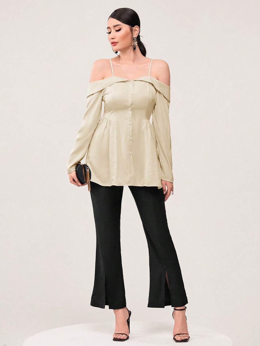 Modelyn Cold Shoulder Blouse & Flare Leg Pants - Black and White - View 1