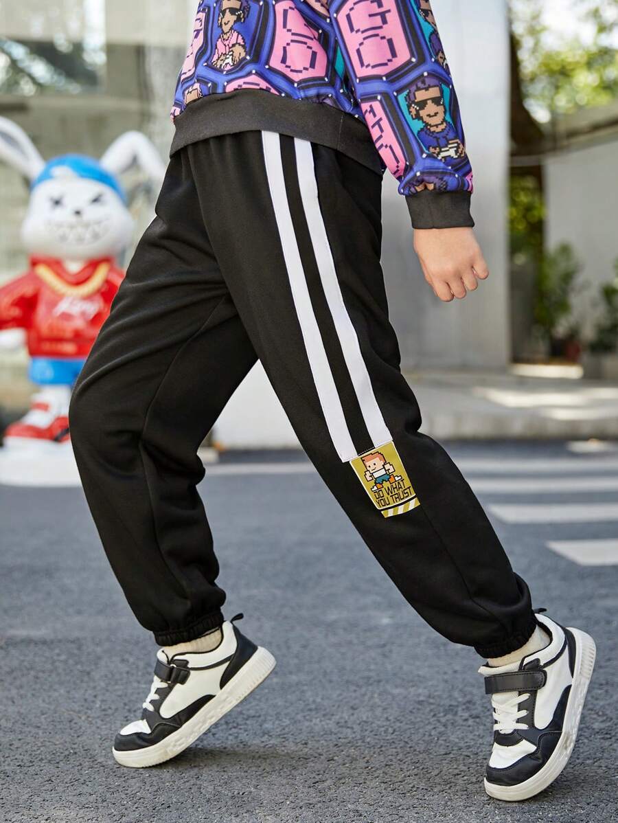 SHEIN Tween Boy Letter Graphic Contrast Side Seam Sweatpants - Black - View 1