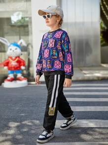 SHEIN Tween Boy Letter Graphic Contrast Side Seam Sweatpants - Black - View 3