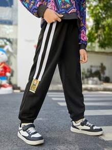 SHEIN Tween Boy Letter Graphic Contrast Side Seam Sweatpants - Black - View 5